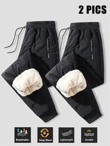 2 Pieces Men's Fleece Lined Solid Color Sweatpants with Drawstring, Casual Thick Pants Suitable for Autumn and Winter Daily Wear, Perfect as a Gift