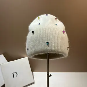Paris Fashion Colorful Rhinestone Luxury Winter Faux Fur Knit Hat | Trendy European & American Style Youth Beanie | Colorful Cute Streetwear Design