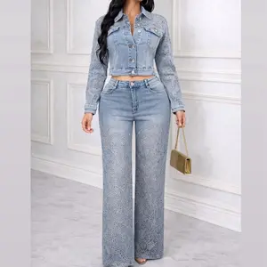 Luxury Embroidered Rhinestone Denim Set – Stretch Palazzo Jeans & Cropped Jacket