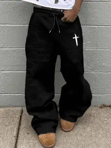 Cross Pattern Loose Fit Sport Pants, Light Drawstring Joggers, Casual Daily Wear & Home Leisure, All Seasons, Graphic Style