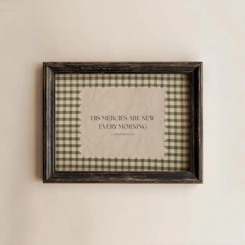 Gingham Bible Verse Wall Art Lamentations 3:23-24 Vintage Scripture Print New Mercies Every Morning Christian Home Decor Neutral Faith Poster for Living Room Bedroom Entryway (Unframed)