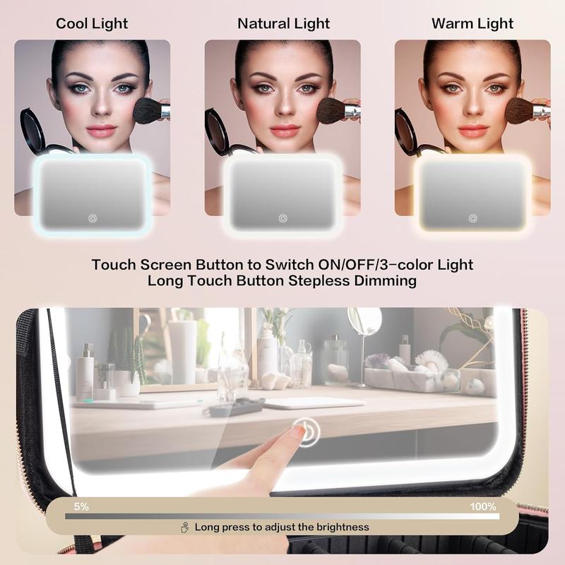 15''X11'' Large Capacity Makeup Bag with LED Mirror, Professional Makeup Case Organizer with 3 Color Light Adjustable Brightness, Travel Make up Cosmetic Case with Detachable Dividers & Shoulder Strapgongsi huizhoushihuangdoukejiyouxiangongsi