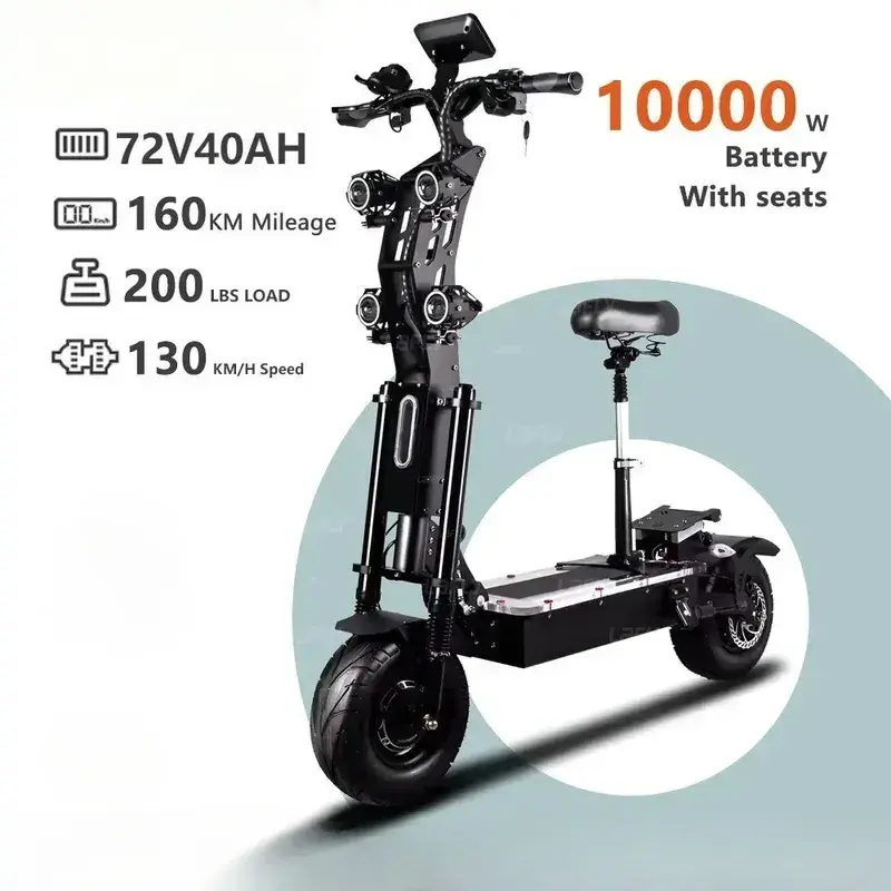 X13 Black Folding Commuter E-Scooter - 72V 40AH 10000W Dual Motor, 130KM Range, 40A 21700 Battery, 40° Gradeability, LED Lights, 13" City Tires, Off-Road Stunt Scooter, Folding Commuter Scooter