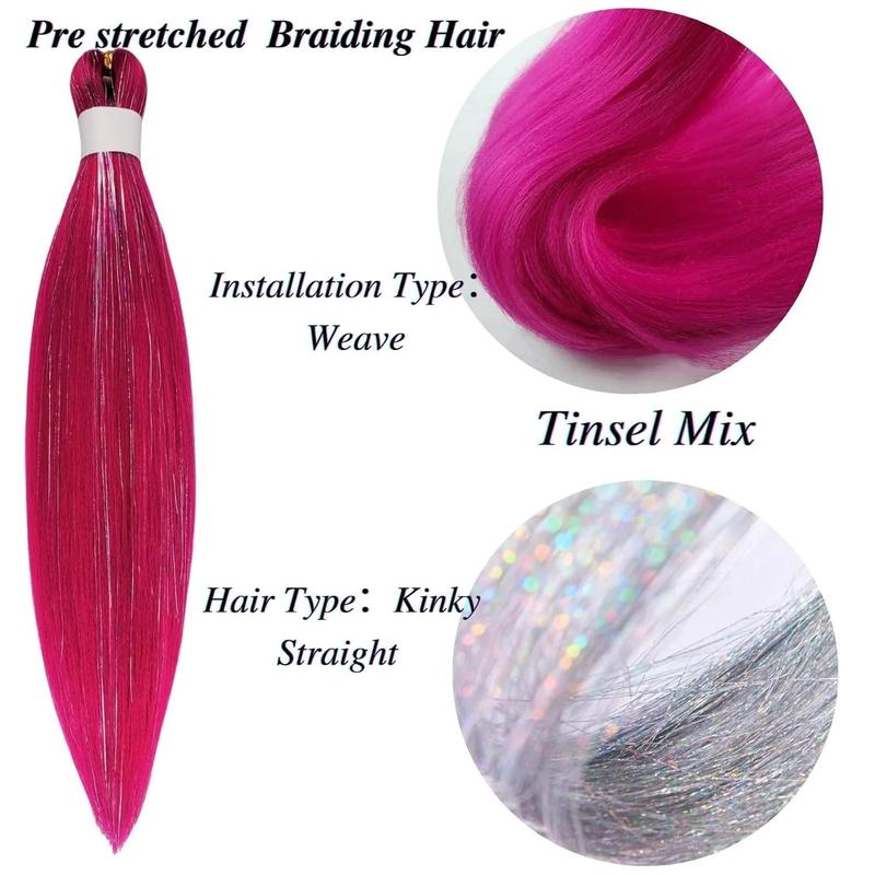 Tinsel Fashion Braiding Hair Pre stretched Magenta Pink Braiding Hair for Glitter Braids Festival Braids