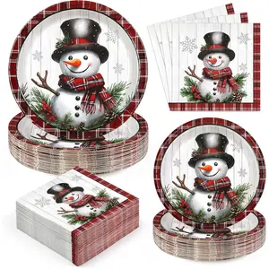 200-Piece Christmas Paper Plate and Napkin Set 9-Inch Thickened Snowman-Shaped Disposable Plates Ideal for Banquets and Gatherings