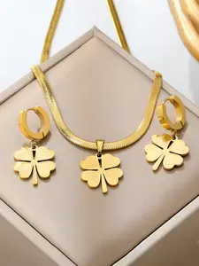 Lucky Four-Leaf Clover Earrings & Necklace Set, Elegant Women's Jewelry Accessory, Ideal Gift for Daily Wear & Vacation