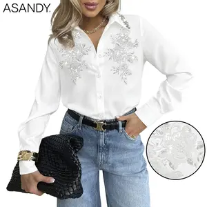 ASANDY Women's Long-Sleeve Collared White Button-Down Shirt, Sequin Floral Embroidery, Rhinestone Collar - Elegant 1-Piece Formal Evening Work Top,summervibes