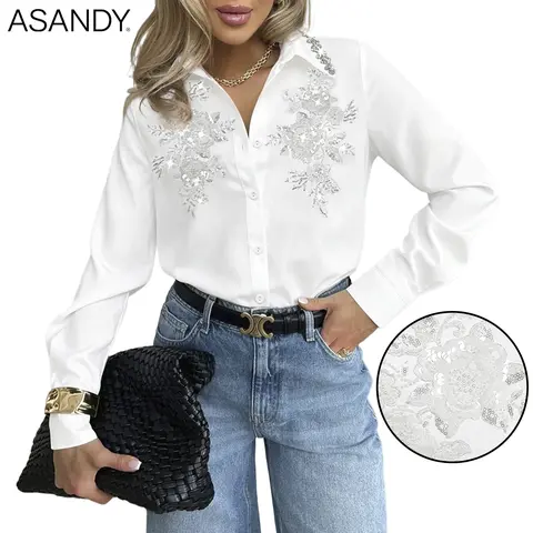 ASANDY Women's Sequin Blouse - Fitted Long-Sleeve Buttoned Top with Floral Embroidery, Rhinestone Collar, Chic Evening & Work Wear, Dress Casual Staple