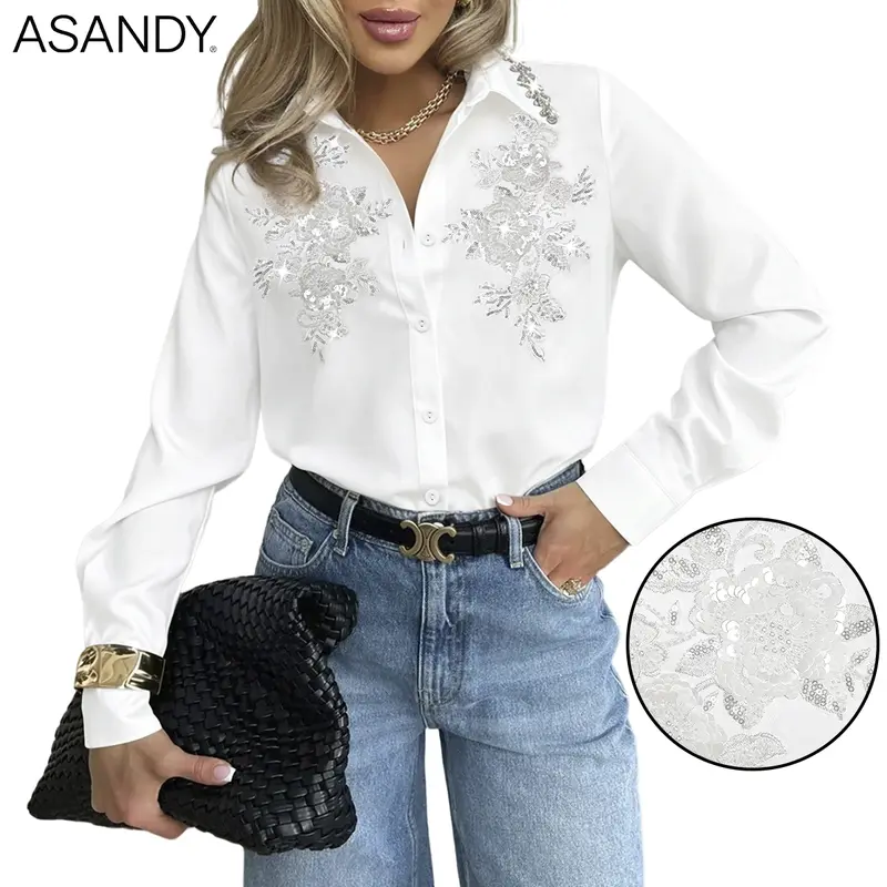 ASANDY Women's Sequin Blouse - Fitted Long-Sleeve Buttoned Top with Floral Embroidery, Rhinestone Collar, Chic Evening & Work Wear, Dress Casual Staple