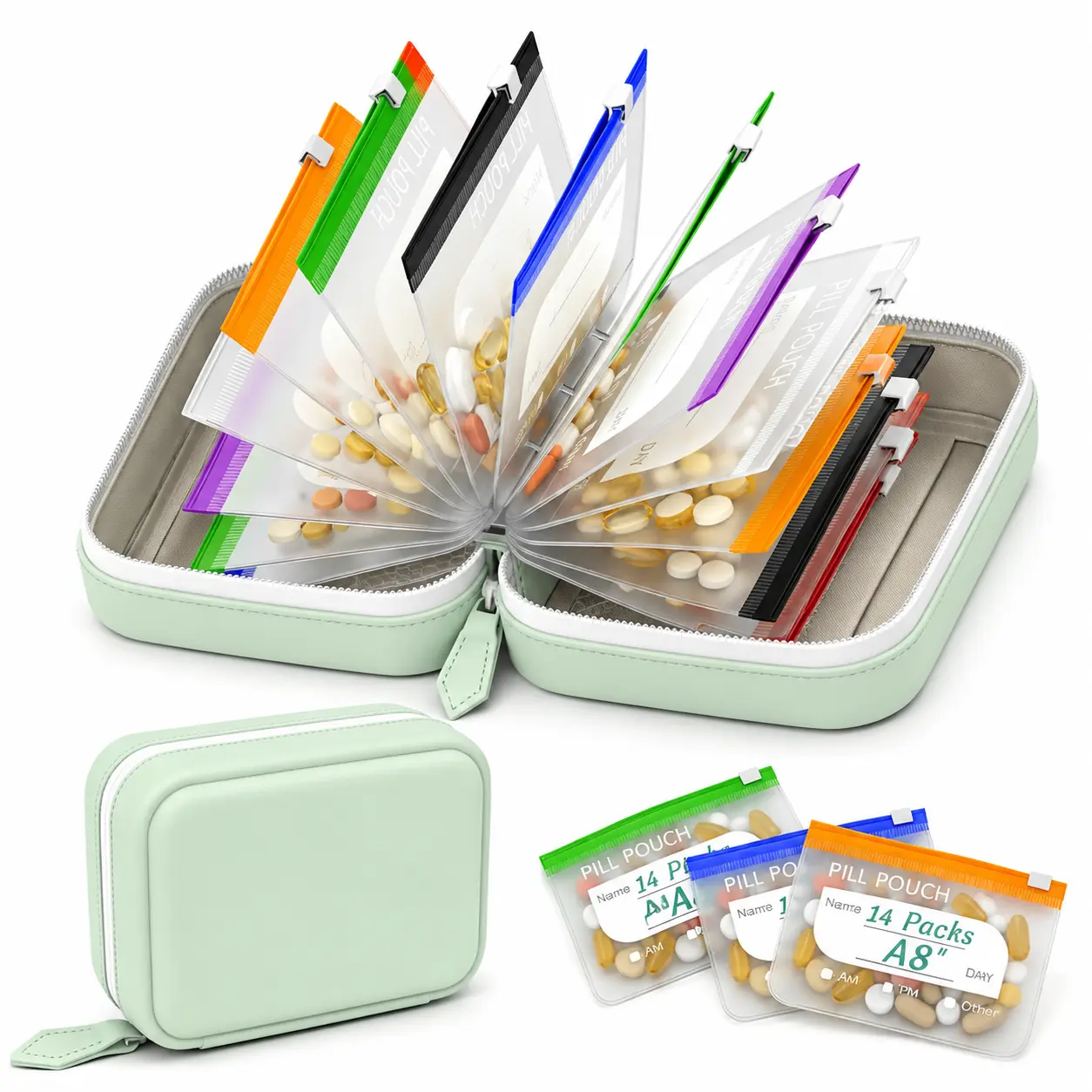 Waterproof Pill Pouch Set, 14pcs Bags Inside, A8 Waterproof Pill Organizer Set, 7 to 14 Days of Meds,Zippered Pill Storage for Fish Oils, Vitamins, Reusable Pocket Pharmacy with Color-Coded Labels dealsforyou, summerwins