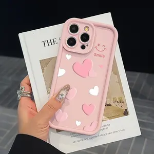 Cute Pink Heart Smile Phone Case for iPhone 11 12 13 14 15 16 E 17 Pro Max Plus Mini & Samsung S21-S26, A13 - A54, Note 20, Love Hearts Aesthetic Soft Silicone Shockproof Case for Women Girls