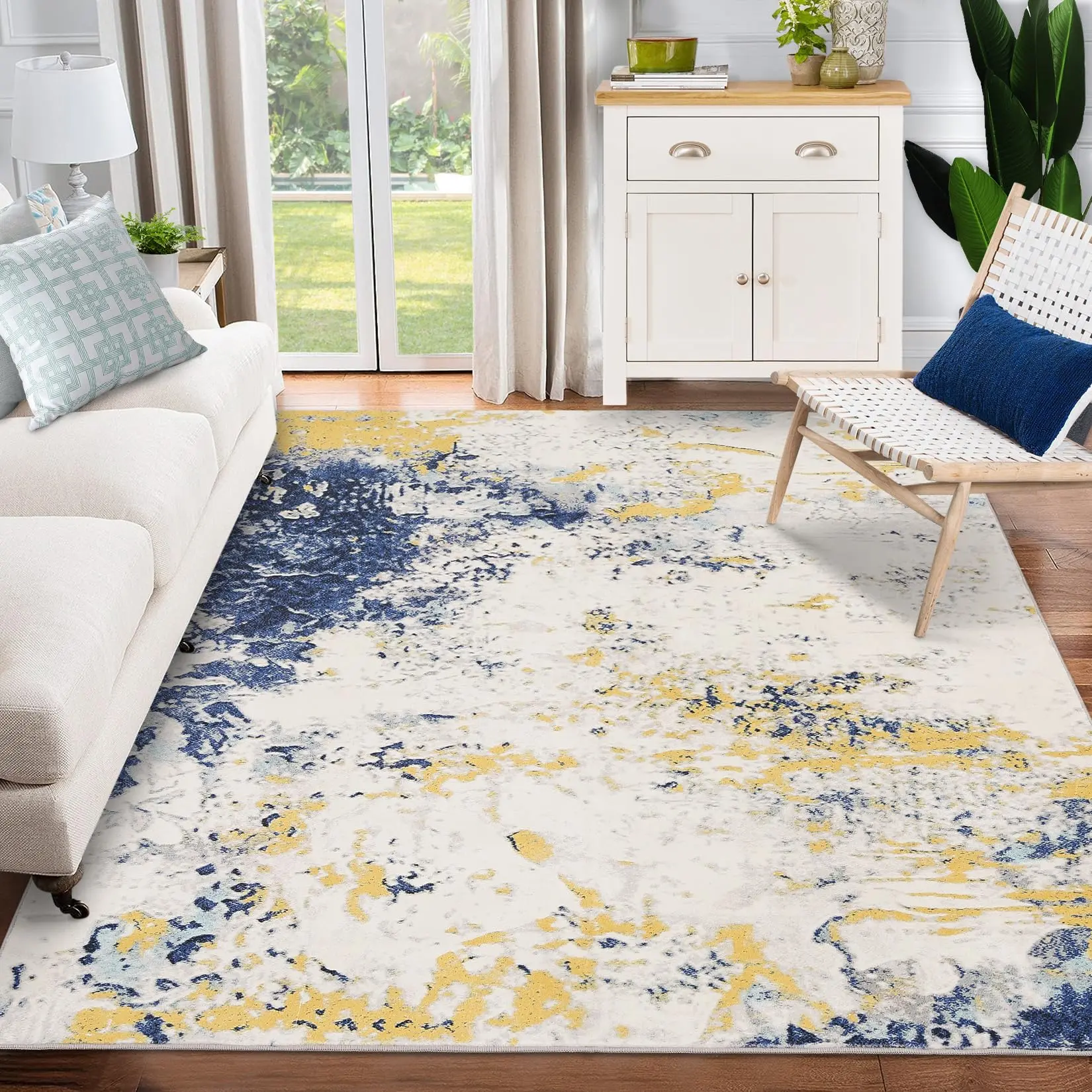 【GARVEE】Abstract Modern Area Rug 4x6 - Washable, Foldable, Soft with Non-Slip Backing, Non-Shedding, Stain Resistant Floor Mat for Living Room, Bedroom, Dining Room, Office in Yellow and Blue