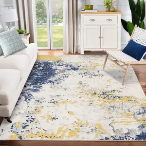 【GARVEE】Abstract Modern Area Rug 4x6 - Washable, Foldable, Soft with Non-Slip Backing, Non-Shedding, Stain Resistant Floor Mat for Living Room, Bedroom, Dining Room, Office in Yellow and Blue