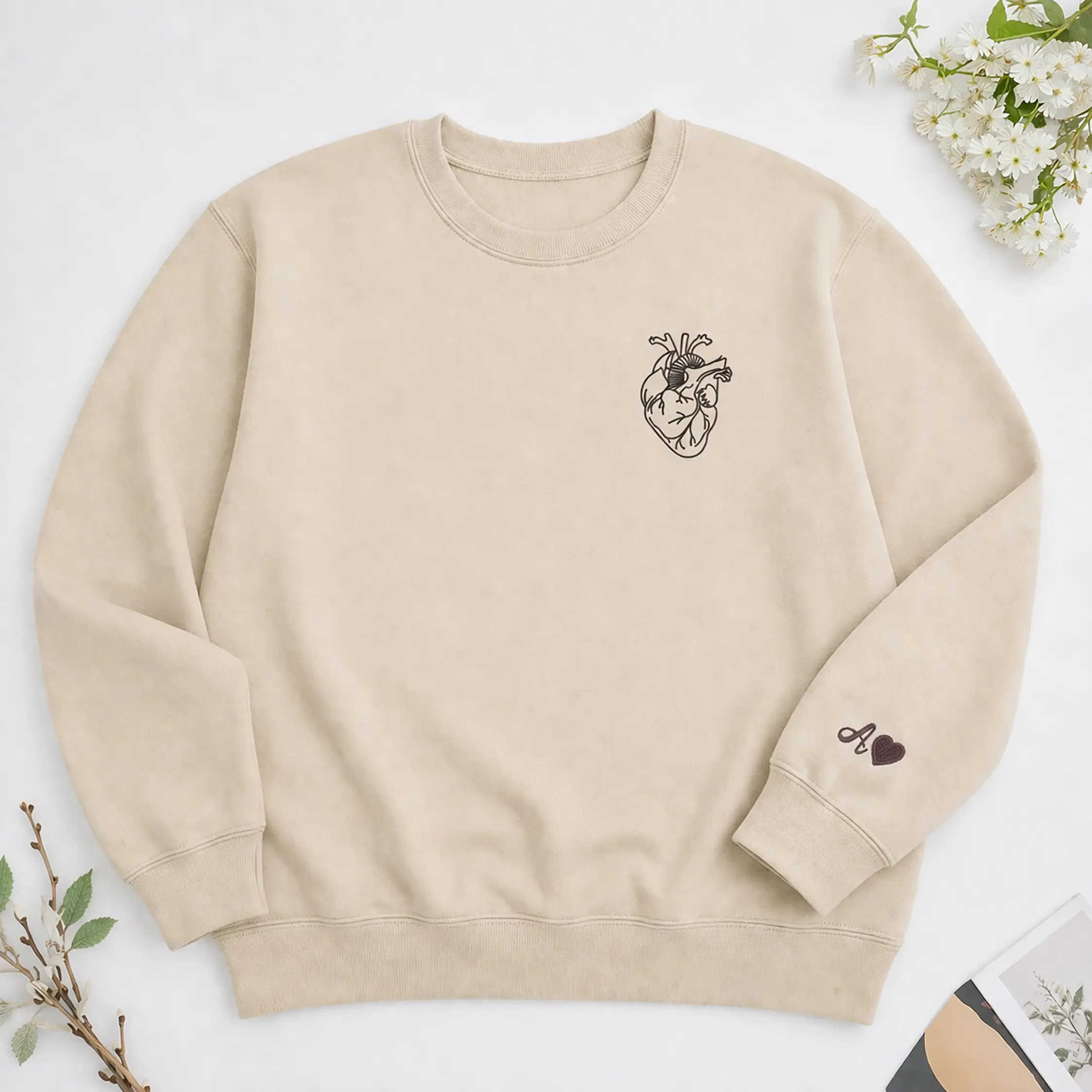 Embroidered Anatomical Heart Hoodies, Matching Sweatshirt For Couple, Personalized Initials On Sleeve, Anniversary Gifts For Couples