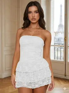 Women's Casual French Romantic Lace Strapless Dress - Niche-Designed Waist-Cinching Short Style with Elegance