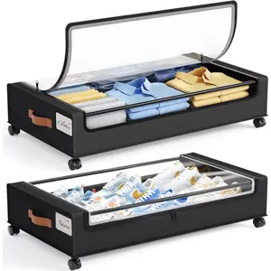 60L Under Bed Storage with Wheels, 2 Pack Under Bed Storage Containers, Under Bed Shoe Storage with Clear Window & Label, Rolling Under Bed Metal Drawer for Clothes, Shoes,Toys, Books, Black
