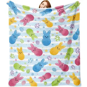 Easter Peeps Bunny Flannel Blanket, Cute Rabbit Easter Eggs Throw Blanket Gifts for Kids Men Women, Colorful Polka Dot Spring Soft Blanket for Bedding Sofa