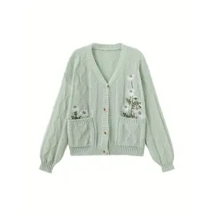 Women'S Floral Embroidered Button Cardigan with Pockets - V-Neck Lantern Sleeves, Adjustable Waist Belt, Loose Fit Sweater for All Seasons, & Yellow Floral Design, Cardigan Sweater, Casual Outerwear, Detailed Embroidery Fabric Knitwear Knitting Apricot