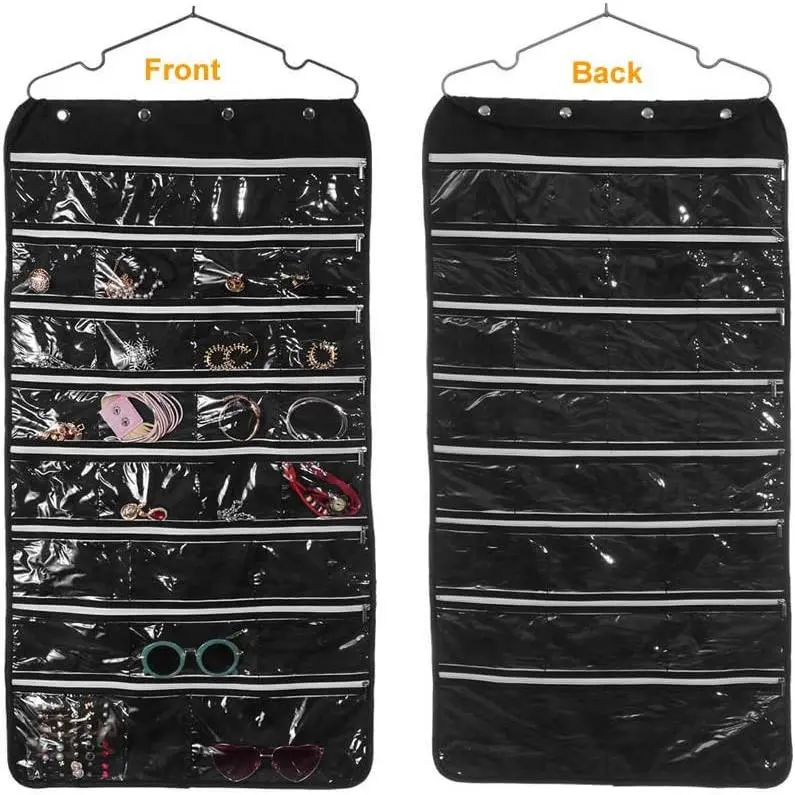 56 Pockets Large Zippered Dual Sided   Organizer Necklace Earrings Bracelets Rings Accessories Storage Bag Wall Mounted Door Cabinet Hanger Holder Clear Pouch Display Foldable