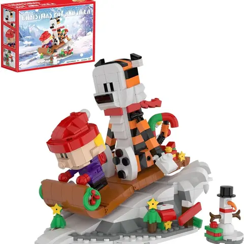 559-Piece Sturdy Boy & Tiger Adventure Building Set, Interlocking Block Kit, Open-Ended Play DIY Vintage Cartoon Brick Art, Creative Ski Scene Blocks Toy, Adult-Children Christmas Gift, Building Block Kit, Creative Building Blocks
