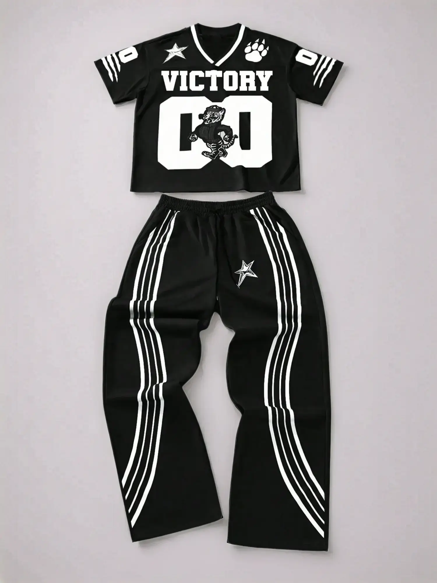 Men's Tiger Print Drop Shoulder Tee & Striped Print Trouser Two-piece Set, Regular Fit Casual Fashion Cozy Breathable Two Piece Outfits for Daily Outd