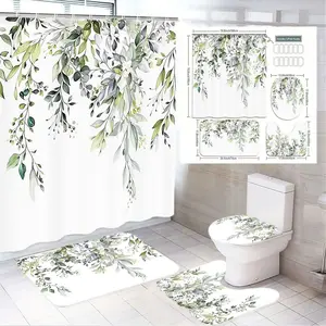 1/4pcs Botanical Leaf & Floral White Shower Curtain Set 4 Piece - Green White Leafy Pattern, Rectangular Bath Mat, U - Shaped Toilet Mat, Toilet Cover - Perfect for Spring Easter Bathroom Decor, Farmhouse Style Bathroom Accents, Gift for Spring Hom Flower