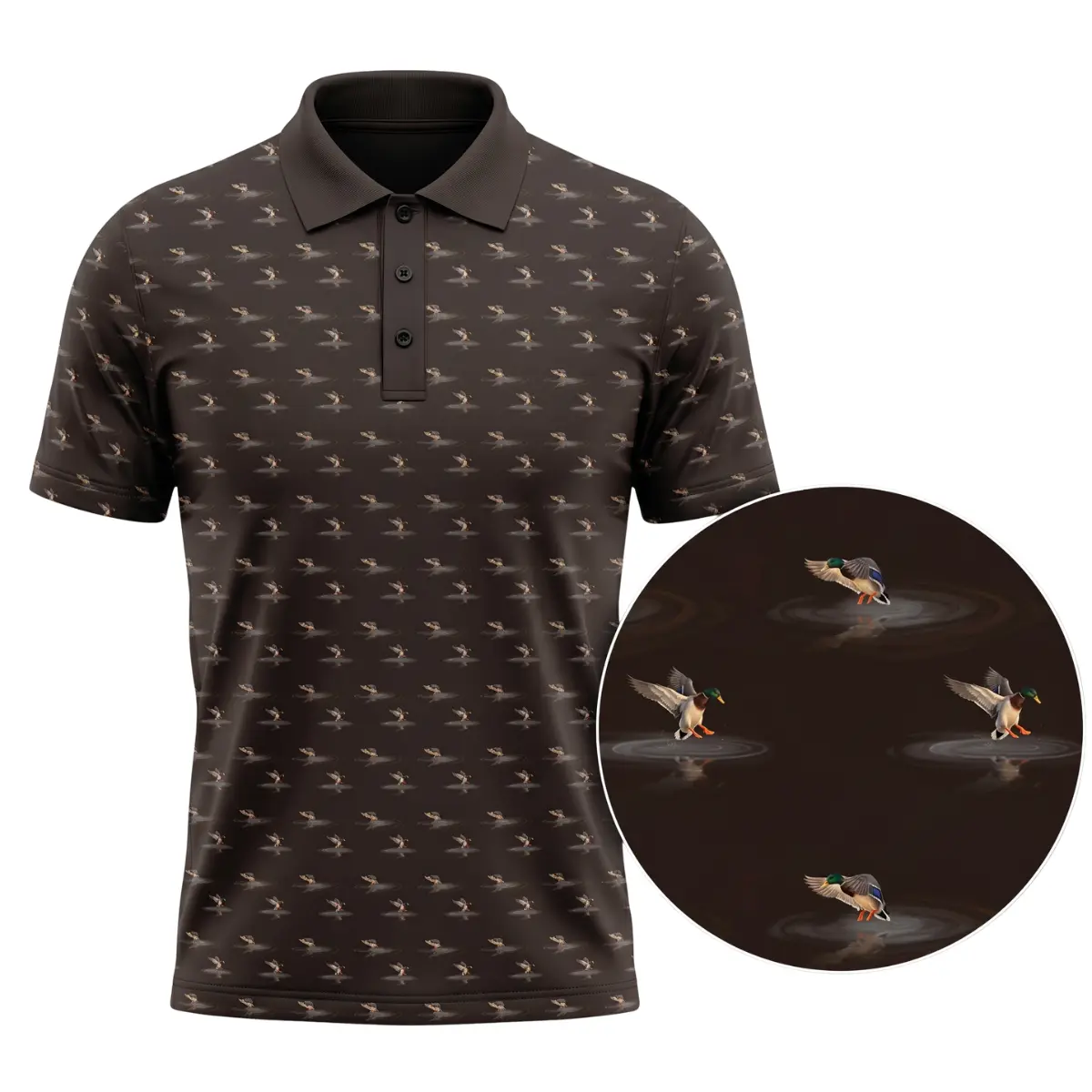 Men’s Textured Sublimation Mallard Duck Polo Shirt - Brown Hunting Graphics Menswear, Personalized Short-Sleeve Collared Golf Outdoor Casual Top, Hunter Gift, Shortsleeve