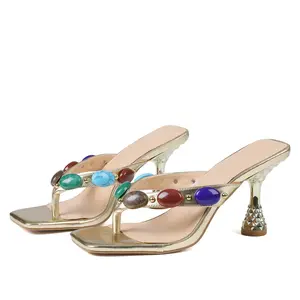 CELNEPHO Heeled Sandals For Women Open Square Toe Pyramid Heel Embellished Heeled Thong Mules High Heels Gem Band Slip On Sandals Wedding Party Dress