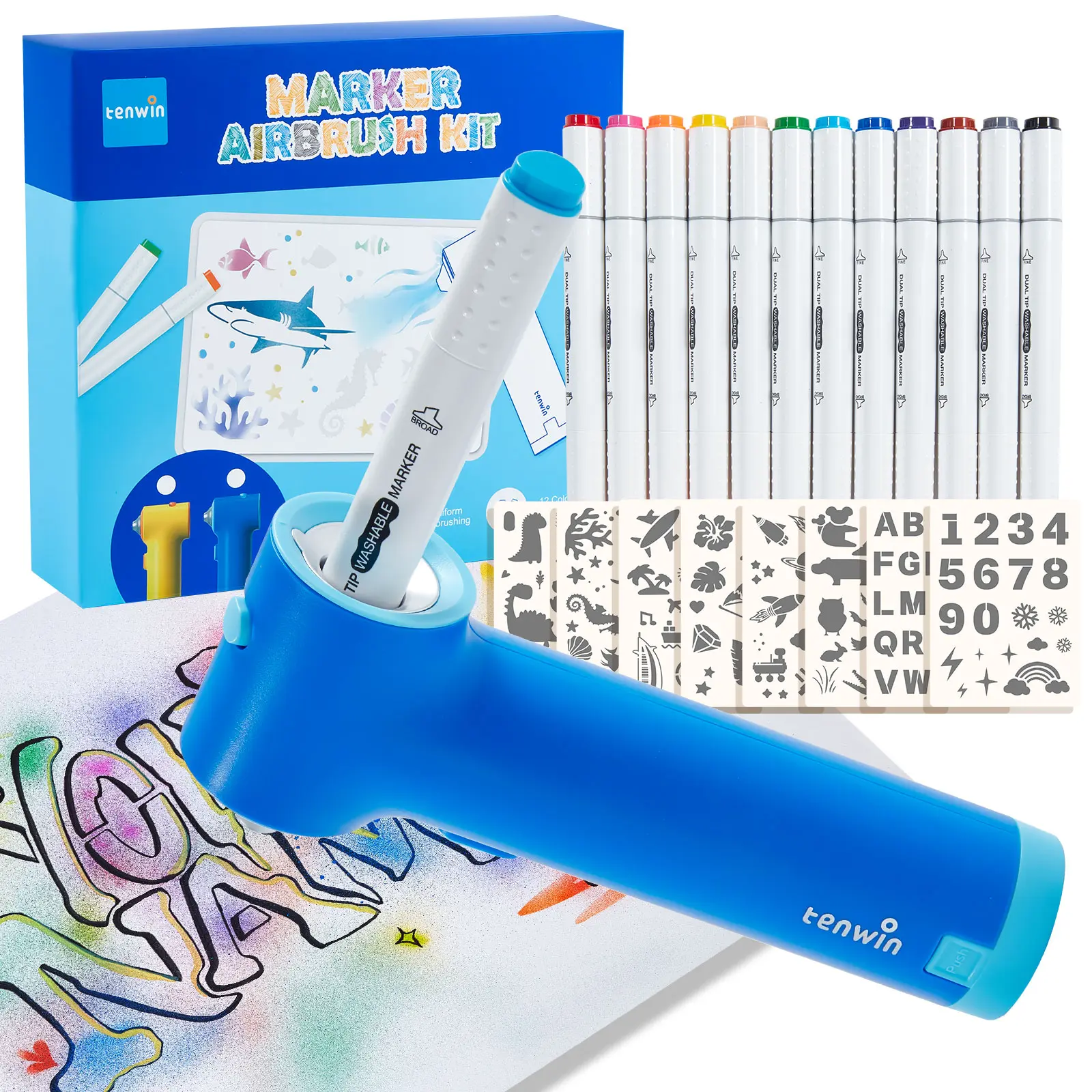 Tenwin Battery-Powered Marker Airbrush Set - Drawing Tools with 12 Dual-Tip Washable Markers, 8 Stencils, Efficient Coloring for DIY Craft Enthusiasts, Even Coverage Back to School Supplies for Ages 6+