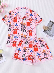 2-piece women's foundation make-up full of maze cartoon print pattern short sleeved shorts soft and comfortable top small pocket lapel design button closed elastic waistband suitable for four seasons home daily casual women's pajamas set