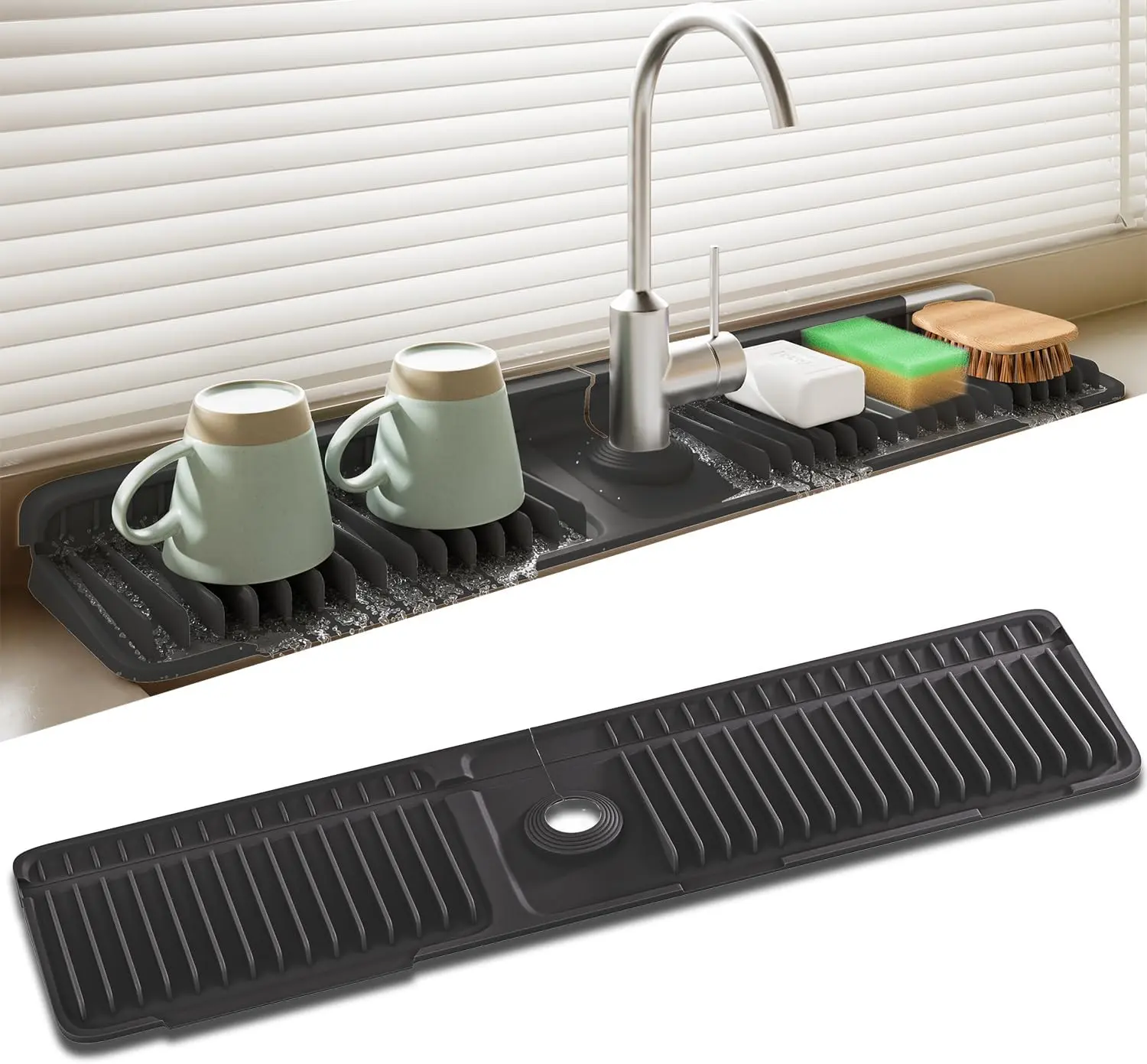 AMA SNOW 24"x5.5" Functional Single Food-Safe Silicone Kitchen Sink Faucet Mat, Durable Water Splash-Proof Guard with 7° Slope for Fast Self-Drains, Essential Home Care Supply, Rectangular