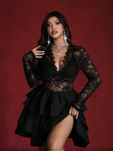 Plus Size Lace Dress, Deep V Sheer Long Sleeve Waist Cinch Cake Dress, Pure Desire Style Party Gown, Sexy Evening Wear