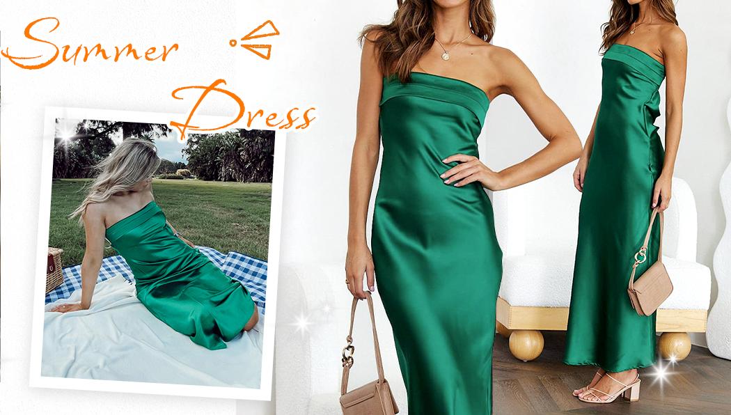 MEROKEETY Women's Satin Strapless Tube Maxi Dress Summer 2026 Backless Bodycon Formal Party Dress for Wedding Guest
