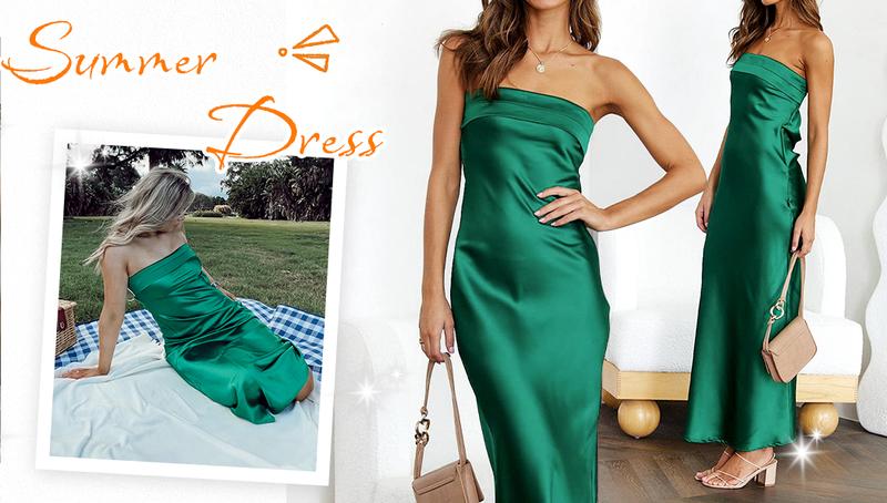 MEROKEETY Women's Satin Strapless Tube Maxi Dress Summer 2026 Backless Bodycon Formal Party Dress for Wedding Guest