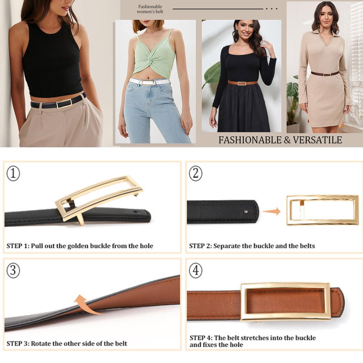 Women Fashion Reversible PU Leather Belt Two-in-One Female Versatile Skinny Adjustable Belt for Jeans Dress with Golden Buckle  (Length 100/115/130cm)