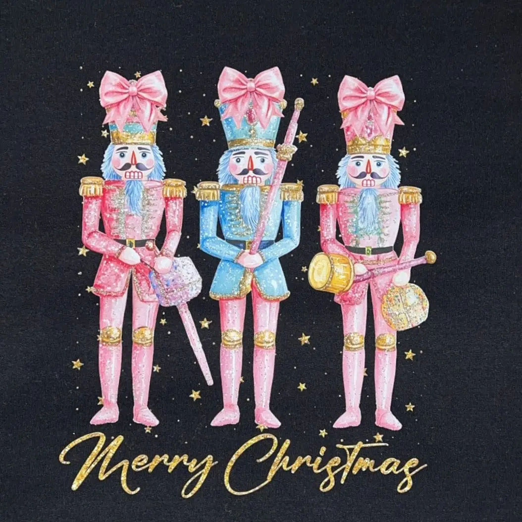 Woman's Black Unisex Gildan Merry Christmas Nutcracker Faux Glitter DTF Sweatshirt Colorful Casual Cotton Comfortable Long Sleeves Sweetheart Neckline Loose Fit Winter Hoodie Top