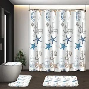 LVRLVR 4pcs Nautical Seahorse Starfish Sailboat Vintage Coastal Bathroom Set with Shower Curtain, Bath Rugs and Hooks - 70.8"×70.8" (180×180cm)