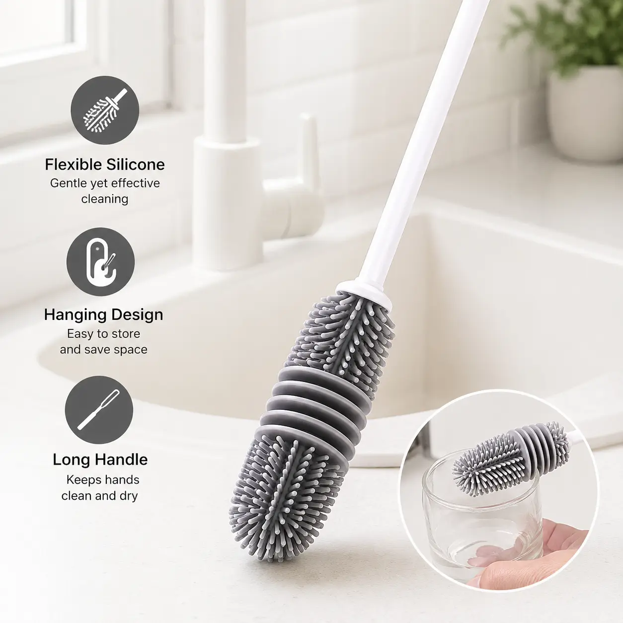 Silicone Bottle Brush Cleaner with a Long Handle and Flexible Tip, Scratch-Free Scrubber for Baby Gear, Water Containers, and Glass Cups with a Non-Slip Grip, Home Kitchen, Easy To Store And Save Space, Gentle Yet Effective Cleaning