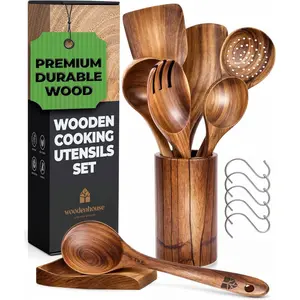 Wooden Utensil Set-8 Piece. Wooden Spoons for Cooking, with Holder, Spoon Rest & 6 Metal Hooks. Teak Wood Nonstick Kitchen Cookware
