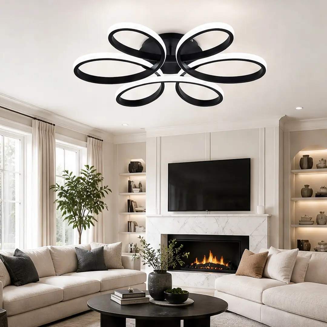 ARCH 23-Inch Modern LED Flush Mount Ceiling Lights - 6-Ring Flower Black Metal, Ambient Dimmable 42W LED, Remote Control, 22.83w x22.83d x3.93h In, Minimalist Lighting for Living Room, Kitchen, Led Ceiling Lights