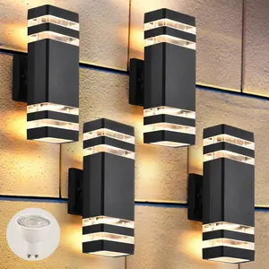 4 Pack Outdoor Wall Lights, Modern Exterior Lighting Fixtures Wall Mount, 2-Layer Black Outdoor Lights for House, Up and Down Lights Outdoor Sconces Wall Lighting for Porch Patio Garage