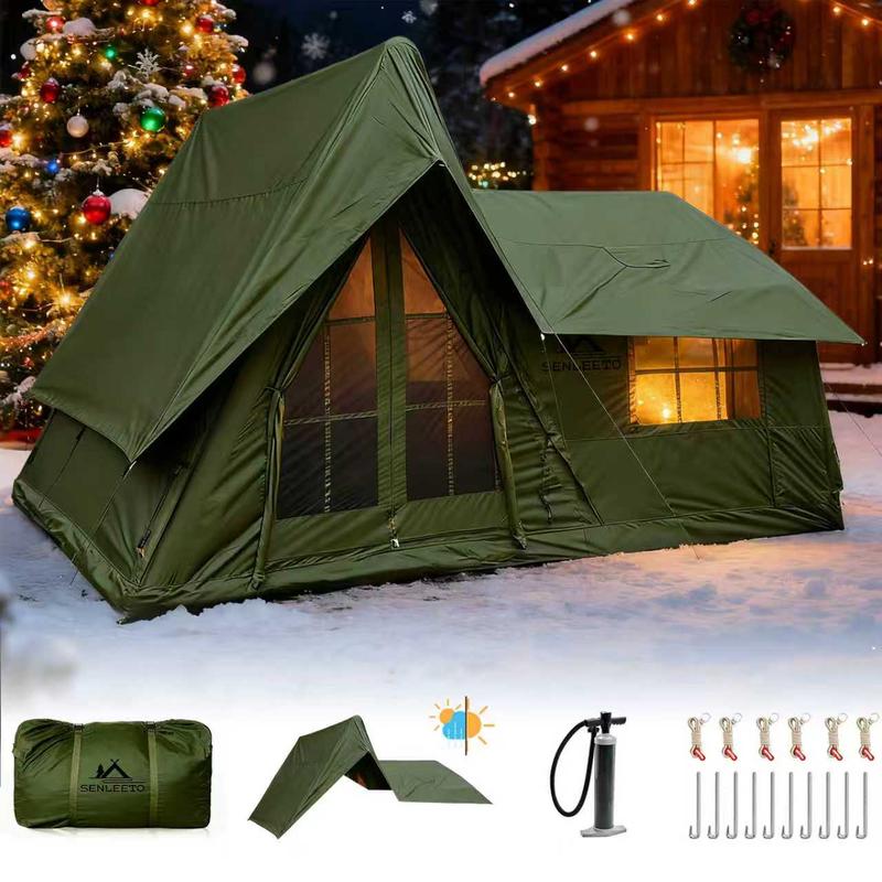 SENLEETO 4-Season Inflatable Family Tent AC Ready with Stove Jack Windproof Oxford Fabric Camping Pump for 8-10 People Spacious Two-Room Layout Foldable Electric Scooter Seat and Storage Stadium Back Support Port Heavy Duty Double Layer Cot Chair Cooler B