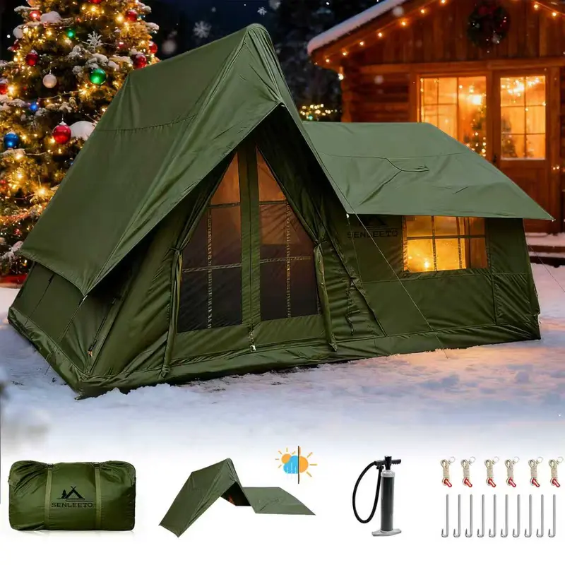 SENLEETO 4-Season Inflatable Family Tent AC Ready with Stove Jack Windproof Oxford Fabric Camping Pump for 8-10 People Spacious Two-Room Layout Foldable Electric Scooter Seat and Storage Stadium Back Support Port Heavy Duty Double Layer Cot Chair Cooler B
