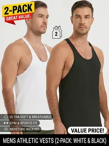Men's 2-Pack Gym Stringer Tank Tops - Ultra-Soft Breathable Athletic Vests, Y-Back Muscle Shirts for Bodybuilding Workout, Black & White Value Pack