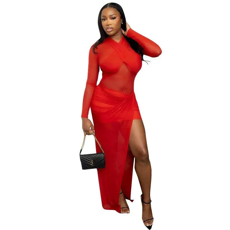 Women's Mesh Cross Long Sleeves Dress - Soft, Comfortable, Elegant, High Waist, Formal Style, Ideal for Womenswear