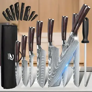Professional Kitchen Knife, 9 Piece Chef's Knife Set Sharp knives for the kitchen High Carbon Stainless Steel, Japanese Cooking Knife with Roll Bag Retro Blade