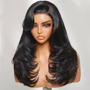 【LIVE SALE】Unice 7x5 200% Face-framing Feathered Layers Body Wave Wig Deep Side Part with a Swoop Bang Glueless Human Hair Lace Closure Wig with Drawstring & invisible Knots