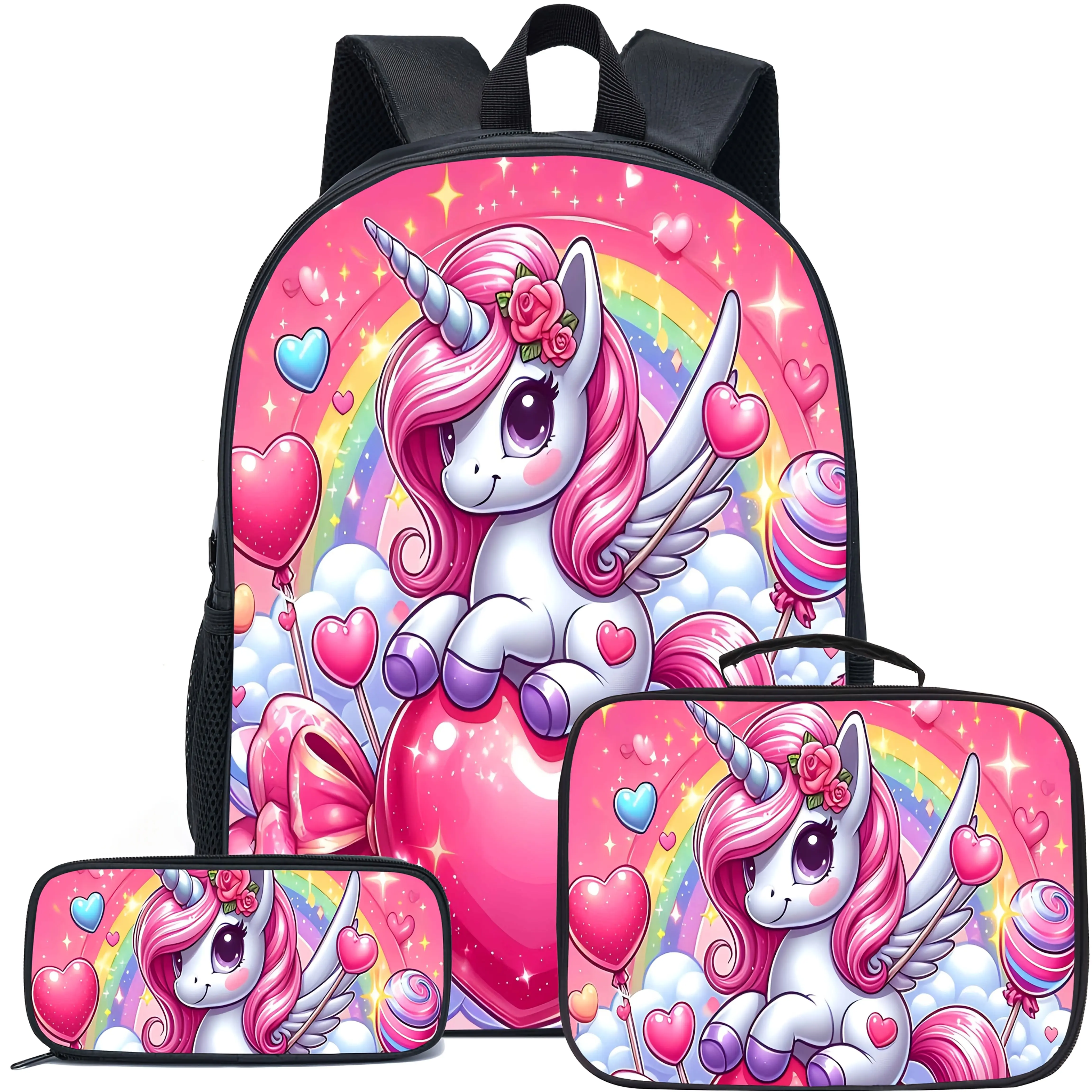 3Pcs Pink Heart Unicorn Print Backpack Set Durable 600D Oxford Cloth School Bag Insulated  Adjustable Breathable Strap Large Capacity Fits 15in Laptop for Kids Teens School Travel Outdoor Use