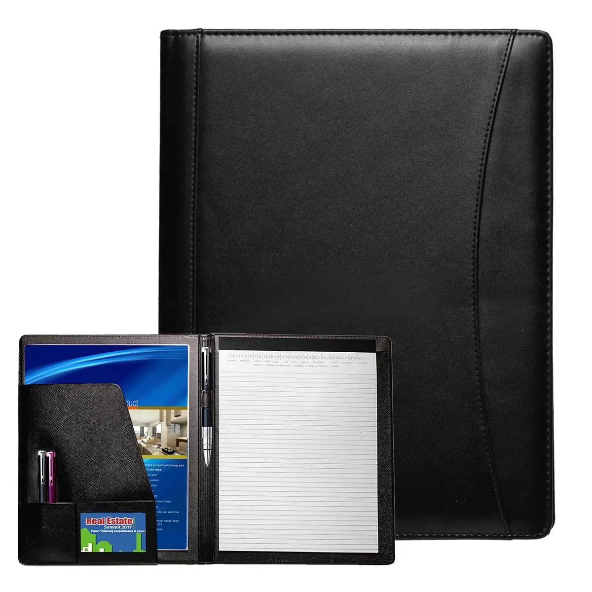Natico Originals Executive Ring Binder Portfolio - 12.5x9.75 in Black Smooth Faux Leather, Textured Design, Notepad & Ruled Pages Compatible, Date Header, Business Card Pocket, ID Window, File Pocket, Leather Finish