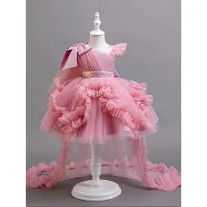 NewGirls' Princess Tutu Dress with Ruffled Sleeves & Flared Skirt - Soft Viscose-Polyester Blend, Pink Party Dress for Birthdays, Weddings, Special Occasions - Hand Wash Only, Princess Dress